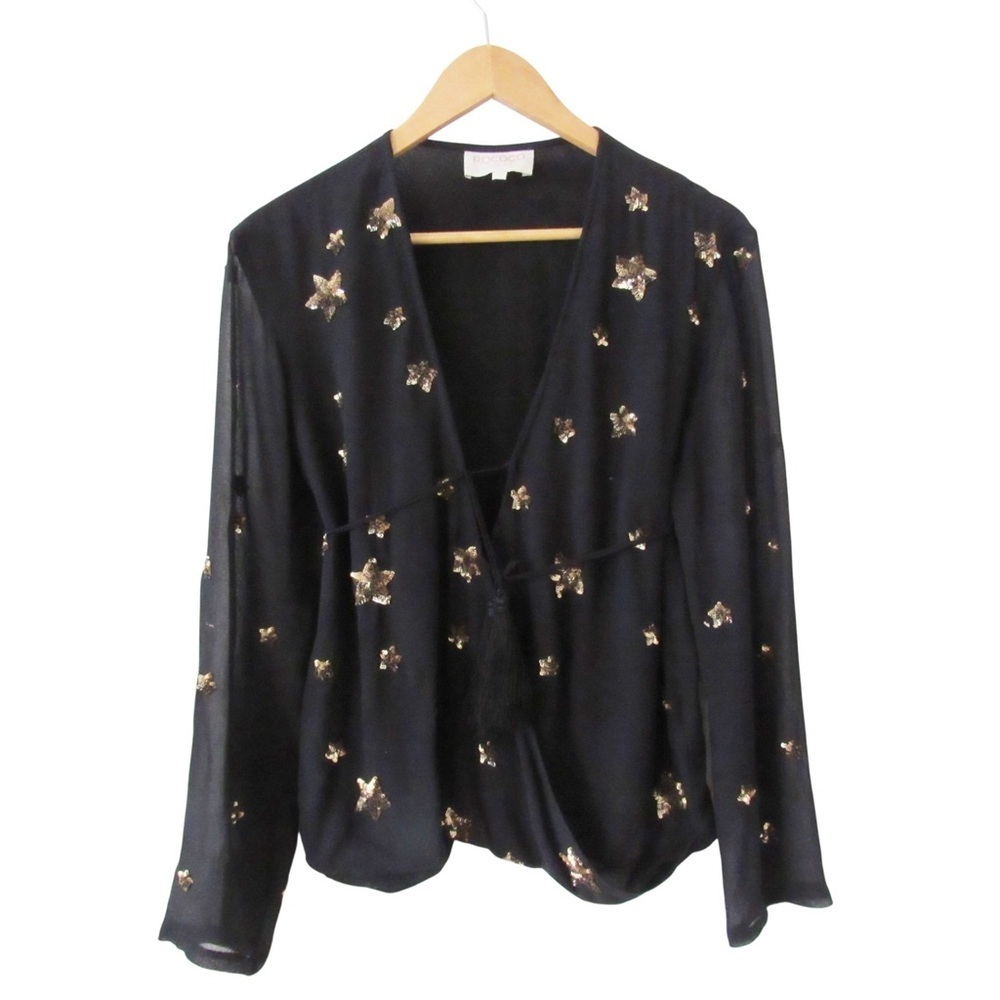 Rococo Sand Black Silk Wrap Blouse Small Gold Star Sequin Resortwear Long Sleeve
